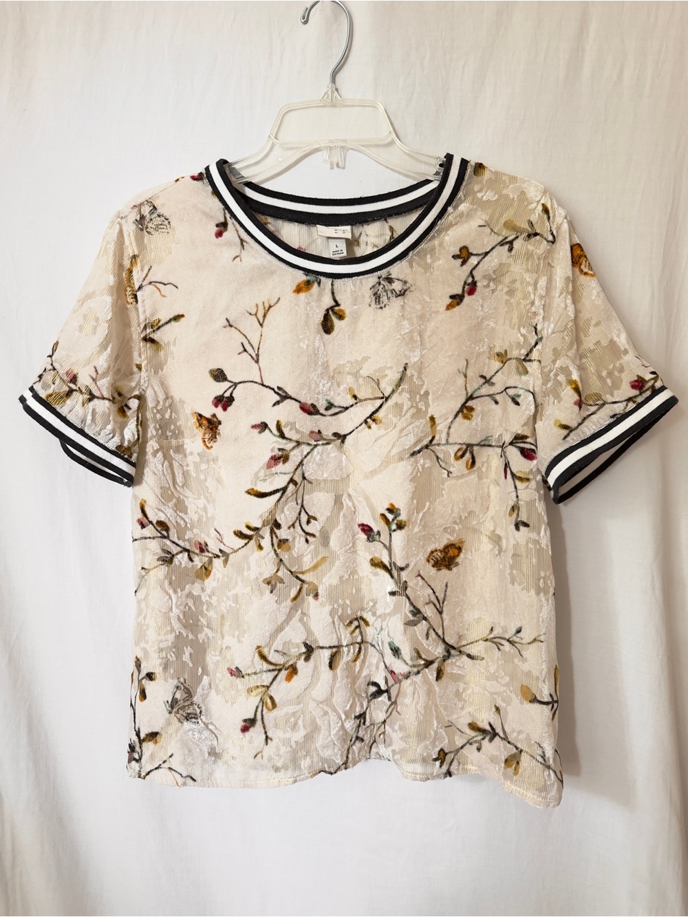 Floral Velvet Burnout Metallic Stripe Ringer Tee Large